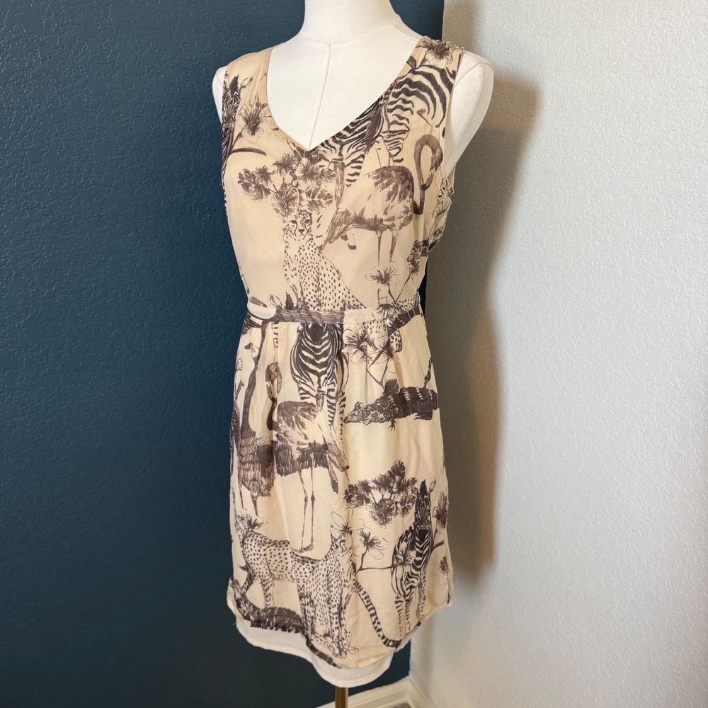 Safari Chic Animal Print Madewell Silk Dress Small Cream Brown